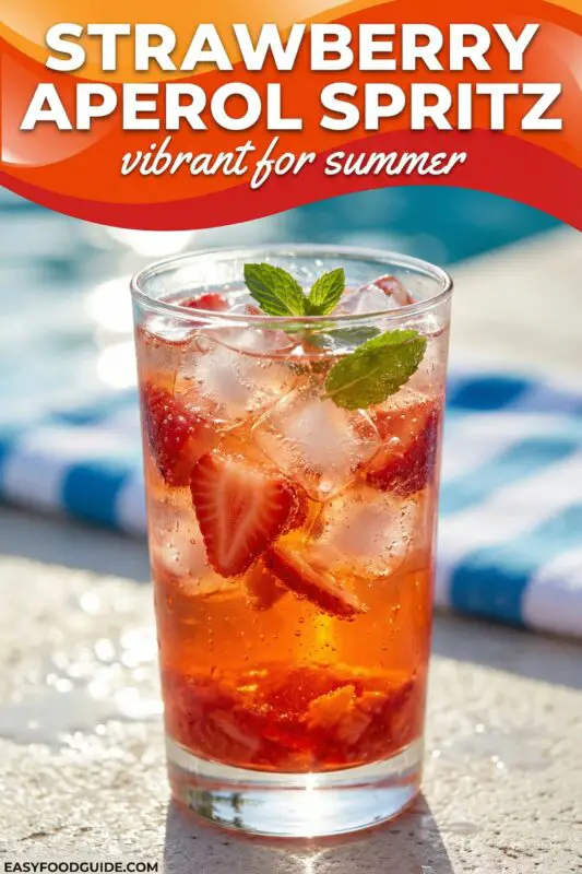 strawberry-aperol-spritz-3-used A refreshing glass of Strawberry Aperol Spritz with sliced strawberries, ice, and mint leaves. Sunlight highlights the vibrant orange-red drink against a blurred poolside backdrop, evoking a summer vibe.