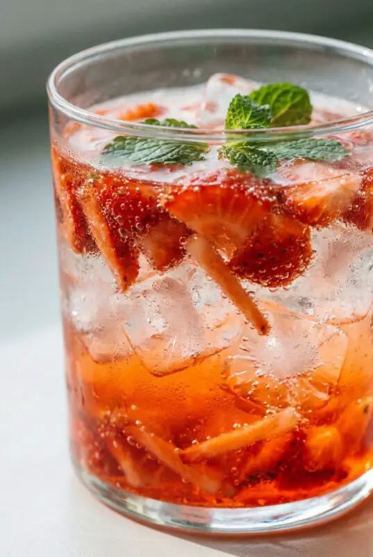 strawberry-aperol-spritz-3a A refreshing drink in a clear glass filled with sliced strawberries, ice cubes, and a sprig of mint, capturing a vibrant, summery feel.