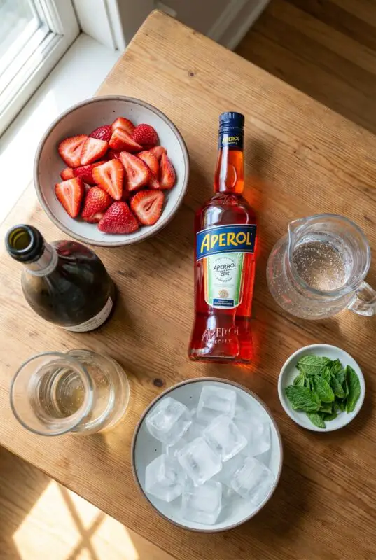strawberry-aperol-spritz-3b Sliced strawberries, a bottle of Aperol, sparkling wine, a glass with liquid, ice cubes, mint leaves, and a pitcher on a wooden table by a window.