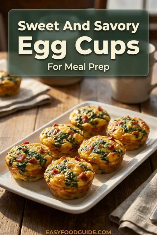 Baked egg cups with spinach and bacon on a plate, drizzled with maple syrup.
