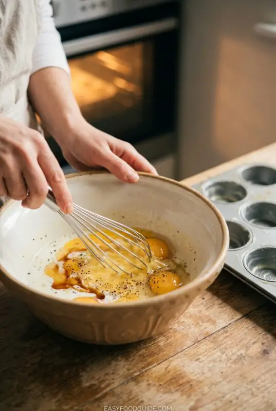 Hands whisking eggs, milk, and black pepper in a beige ceramic bowl with a metal whisk, next to a muffin tin on a wooden table for making savory egg cups.