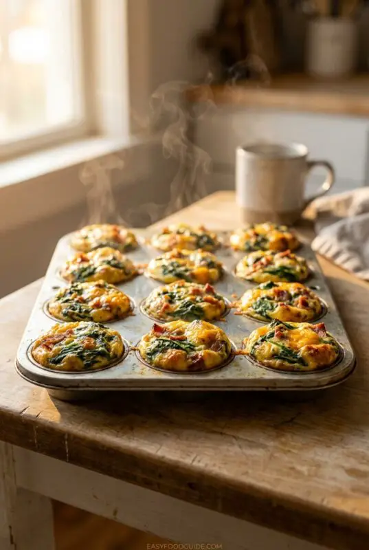 Freshly baked savory egg cups with spinach and bacon steaming in a metal muffin tin on a wooden table, ready for breakfast.