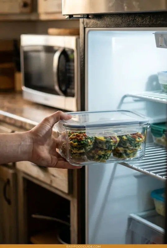 Hand placing a glass meal prep container filled with savory egg cups into the refrigerator for easy grab-and-go breakfasts.