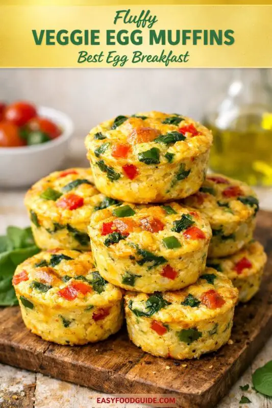 A platter of fluffy veggie egg muffins with spinach, bell peppers, and onions, displayed on a wooden table.