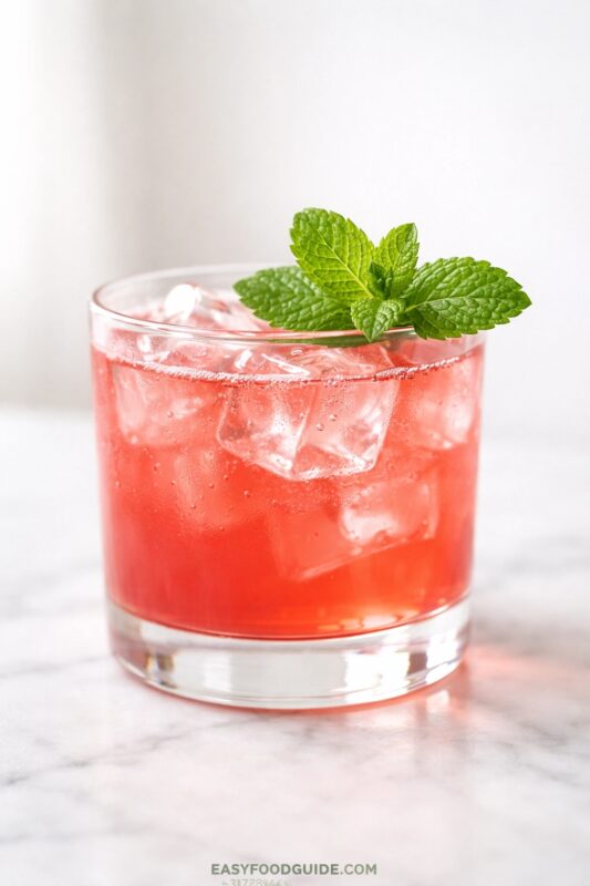 watermelon-tequila-smash-2a A refreshing red cocktail with ice cubes fills a clear glass, garnished with a sprig of fresh mint. The drink rests on a marble surface, exuding a cool, inviting vibe.