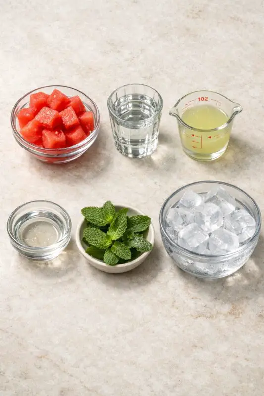 watermelon-tequila-smash-2c Ingredients for a refreshing drink are arranged on a light countertop. Includes watermelon cubes, mint leaves, lime juice, ice cubes, water, and simple syrup.