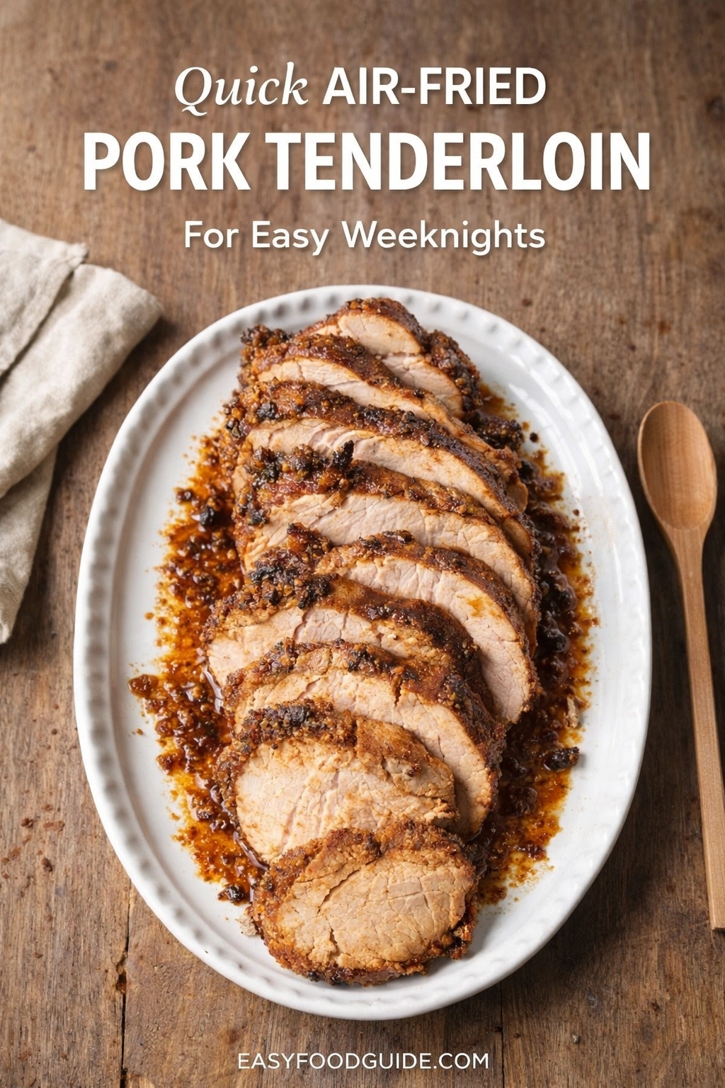A white platter of quick air-fried pork tenderloin, sliced to reveal a juicy interior and topped with a dark crust, presented for easy weeknights. The dish is set on a wooden table next to a napkin and spoon. Text reads "Quick AIR-FRIED PORK TENDERLOIN For Easy Weeknights," and the website "EASYFOODGUIDE.COM" is at the bottom.