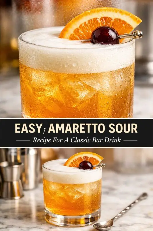A vertical recipe graphic for an Easy Amaretto Sour. The top section is a close-up of the golden cocktail with a thick foam head, condensation on the glass, and garnished with an orange slice and cherry. The middle banner reads "EASY AMARETTO SOUR Recipe For A Classic Bar Drink." The bottom section shows the full drink on a marble countertop next to bar tools.