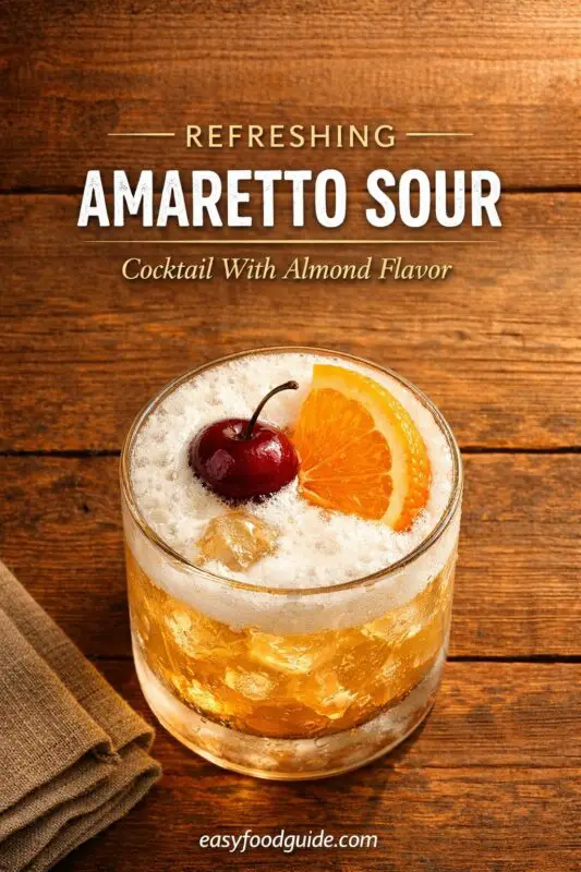A high-angle shot of a refreshing Amaretto Sour cocktail in a rocks glass, set against a dark wood background. The drink is topped with foam and garnished with a cherry and orange slice. Text overlay reads "REFRESHING AMARETTO SOUR Cocktail With Almond Flavor," with the website "easyfoodguide.com" at the bottom.
