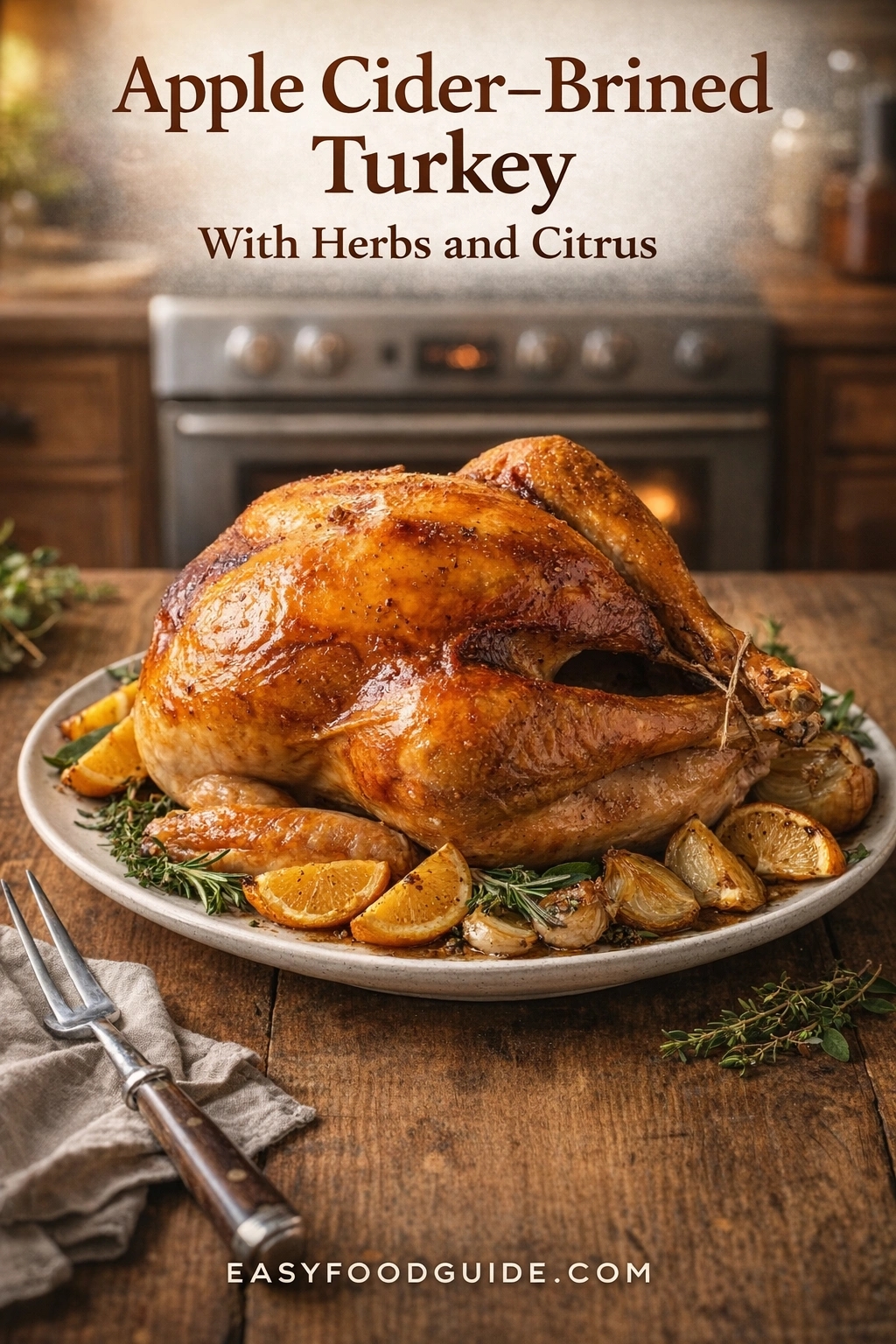 A golden-brown apple cider-brined turkey, roasted with herbs and citrus, sits on a platter in a rustic kitchen. The bird is garnished with orange slices, onions, and fresh rosemary. Text reads "Apple Cider-Brined Turkey With Herbs and Citrus," and the website "EASYFOODGUIDE.COM" is at the bottom.