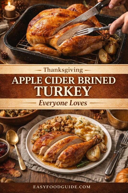 apple-cider-brined-turkey-2 A vertical recipe graphic for a Thanksgiving Apple Cider Brined Turkey. The top image shows the turkey being carved in a roasting pan, while the bottom displays a plated serving with stuffing and mashed potatoes. A banner reads "Thanksgiving APPLE CIDER BRINED TURKEY Everyone Loves."
