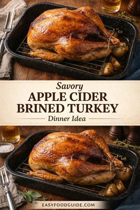 apple-cider-brined-turkey-3 A vertical recipe graphic for a Savory Apple Cider Brined Turkey. The top and bottom images show the whole roasted turkey in a black pan on a wire rack, surrounded by herbs and onions. A banner reads "Savory APPLE CIDER BRINED TURKEY Dinner Idea."