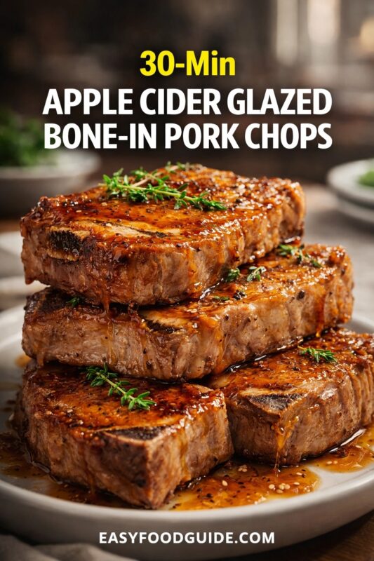 A 30-minute apple cider glazed bone-in pork chops recipe, with the golden-brown chops stacked on a plate and garnished with thyme. Text reads "30-Min APPLE CIDER GLAZED BONE-IN PORK CHOPS," and the website "EASYFOODGUIDE.COM" is at the bottom.