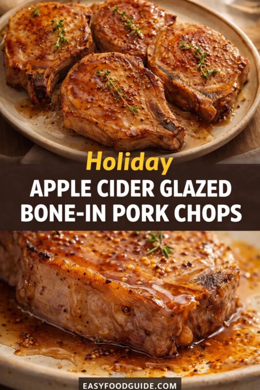 A vertical recipe graphic for a Holiday Apple Cider Glazed Bone-In Pork Chops dish. The top image shows the seasoned chops on a plate, while the bottom is a close-up of the glazed meat. A banner reads "Holiday APPLE CIDER GLAZED BONE-IN PORK CHOPS."