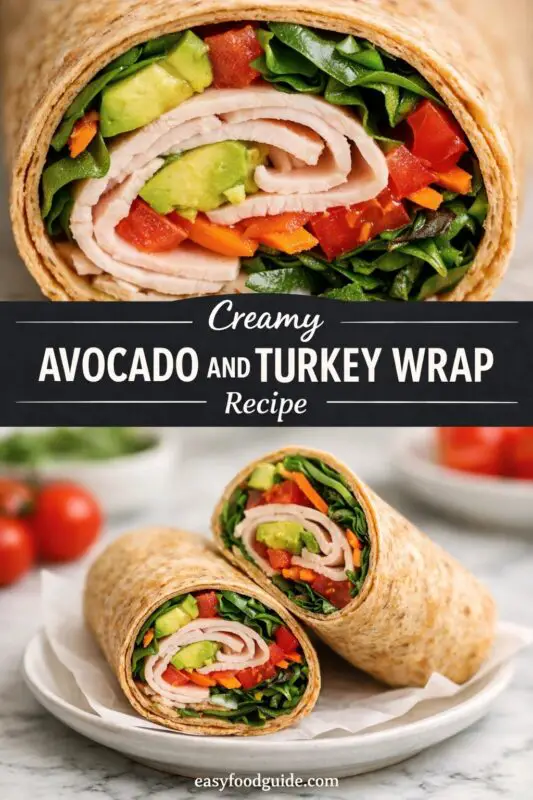 A vertical recipe graphic for a "Creamy AVOCADO AND TURKEY WRAP Recipe." The top is a close-up cross-section of the wrap showing rolled turkey, avocado, spinach, and peppers. The bottom image shows the two halves of the wrap on a white plate with cherry tomatoes in the background.