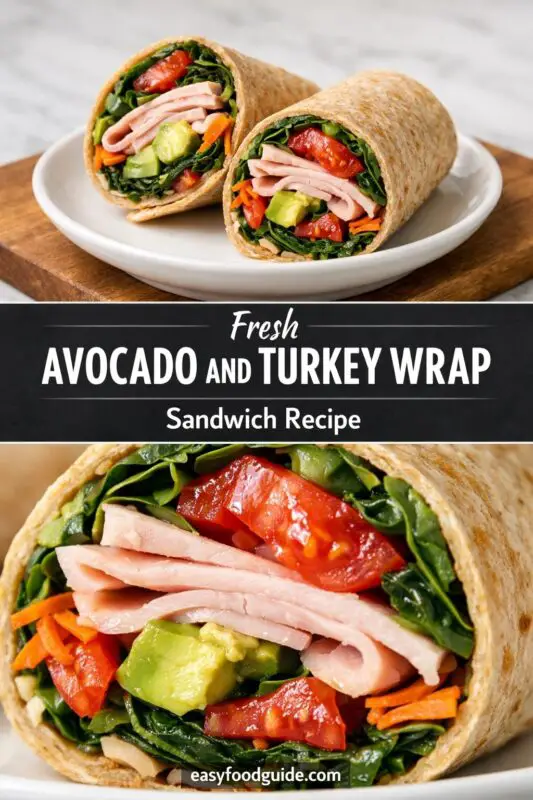A vertical recipe graphic for a "Fresh AVOCADO AND TURKEY WRAP Sandwich Recipe." The top image shows two wrap halves on a white plate over a wooden board. The bottom is a close-up of the wrap's filling, featuring turkey, avocado, spinach, and tomatoes.
