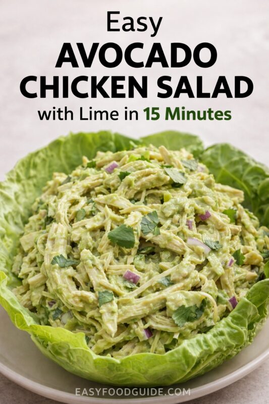 An easy avocado chicken salad with lime, ready in 15 minutes and served in a lettuce cup. The creamy salad is made with shredded chicken, avocado, red onion, and cilantro. Text reads "Easy AVOCADO CHICKEN SALAD with Lime in 15 Minutes," and the website "EASYFOODGUIDE.COM" is at the bottom.