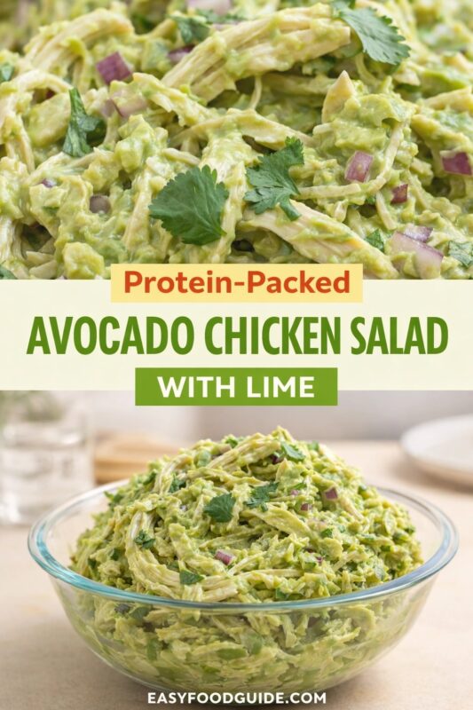 A protein-packed avocado chicken salad with lime, presented in a clear glass bowl. The creamy mixture of shredded chicken and avocado is garnished with fresh cilantro and red onion. Text reads "Protein-Packed AVOCADO CHICKEN SALAD WITH LIME," and the website "EASYFOODGUIDE.COM" is at the bottom.