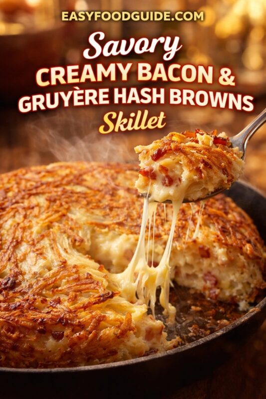 A savory creamy bacon & Gruyere hash browns skillet, shown with a spoon lifting a cheesy, steaming portion. The golden-brown potato dish is filled with melted cheese and bacon bits. Text reads "Savory CREAMY BACON & GRUYERE HASH BROWNS Skillet," and the website "EASYFOODGUIDE.COM" is at the top.