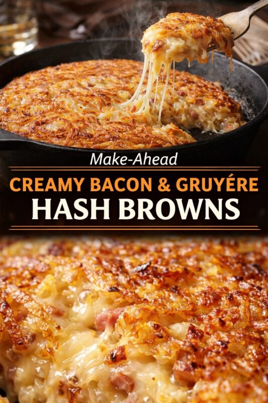A vertical recipe graphic for Make-Ahead Creamy Bacon & Gruyere Hash Browns. The top image shows a cheesy portion being lifted from the skillet, while the bottom is a close-up of the golden-brown dish. A banner reads "Make-Ahead CREAMY BACON & GRUYERE HASH BROWNS."
