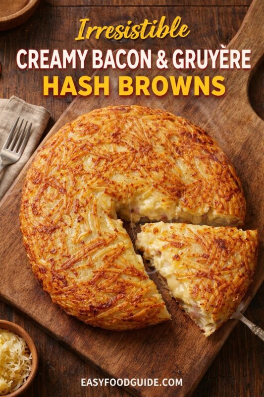 An irresistible creamy bacon & Gruyere hash browns dish, presented on a wooden board. The golden-brown, circular potato bake is sliced to reveal its cheesy interior. Text reads "Irresistible CREAMY BACON & GRUYERE HASH BROWNS," and the website "EASYFOODGUIDE.COM" is at the bottom.