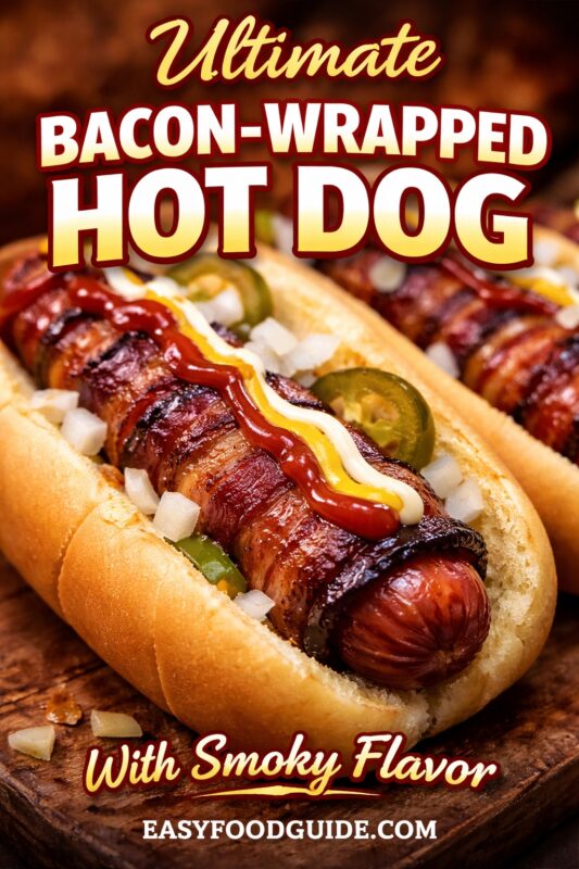 An ultimate bacon-wrapped hot dog with a smoky flavor, served in a bun on a wooden board. The indulgent dish is topped with jalapeños, diced onions, ketchup, mustard, and mayonnaise. Text reads "Ultimate BACON-WRAPPED HOT DOG With Smoky Flavor," and the website "EASYFOODGUIDE.COM" is at the bottom.