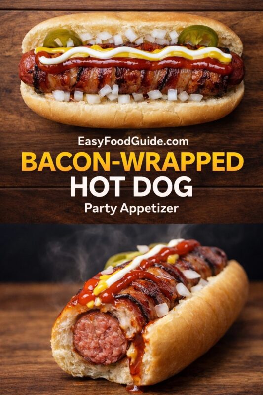 A vertical recipe graphic for a Bacon-Wrapped Hot Dog party appetizer. The top image shows the classic street-style hot dog, while the bottom is a close-up of the smoky, bacon-wrapped sausage in a bun. A banner reads "BACON-WRAPPED HOT DOG Party Appetizer."