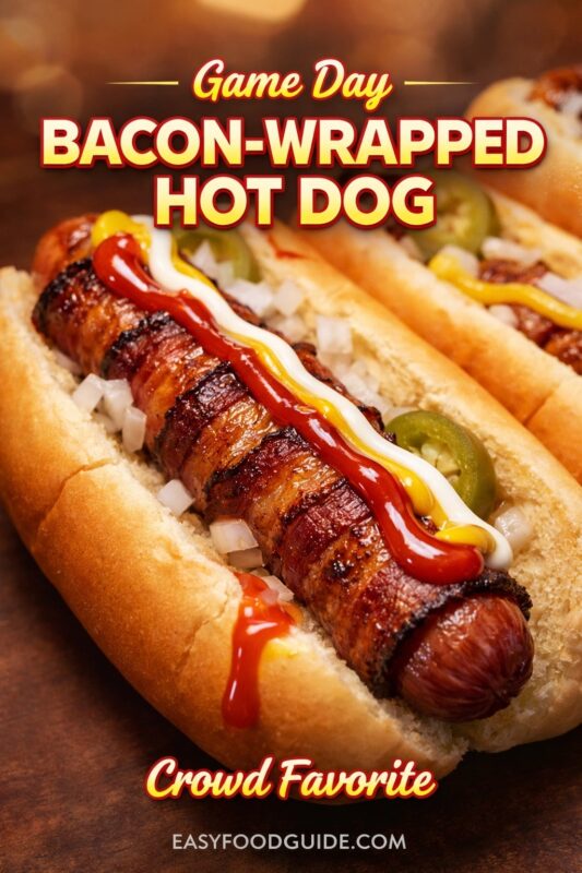 A game day bacon-wrapped hot dog, presented as a crowd favorite. The savory snack is served in a bun and topped with jalapeños, onions, ketchup, mustard, and mayonnaise. Text reads "Game Day BACON-WRAPPED HOT DOG Crowd Favorite," and the website "EASYFOODGUIDE.COM" is at the bottom.