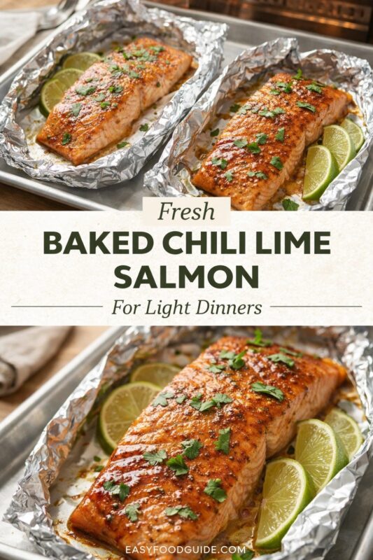 A vertical recipe graphic for Fresh Baked Chili Lime Salmon. The top and bottom images show the light dinner fillets cooked in foil packets on a baking sheet, garnished with lime wedges and cilantro. A banner reads "Fresh BAKED CHILI LIME SALMON For Light Dinners."
