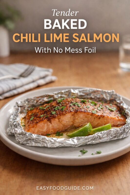 A tender baked chili lime salmon with no mess foil, served on a plate. The fillet is cooked in a foil packet and garnished with fresh herbs and lime wedges on a wooden table. Text reads "Tender BAKED CHILI LIME SALMON With No Mess Foil," and the website "EASYFOODGUIDE.COM" is at the bottom.