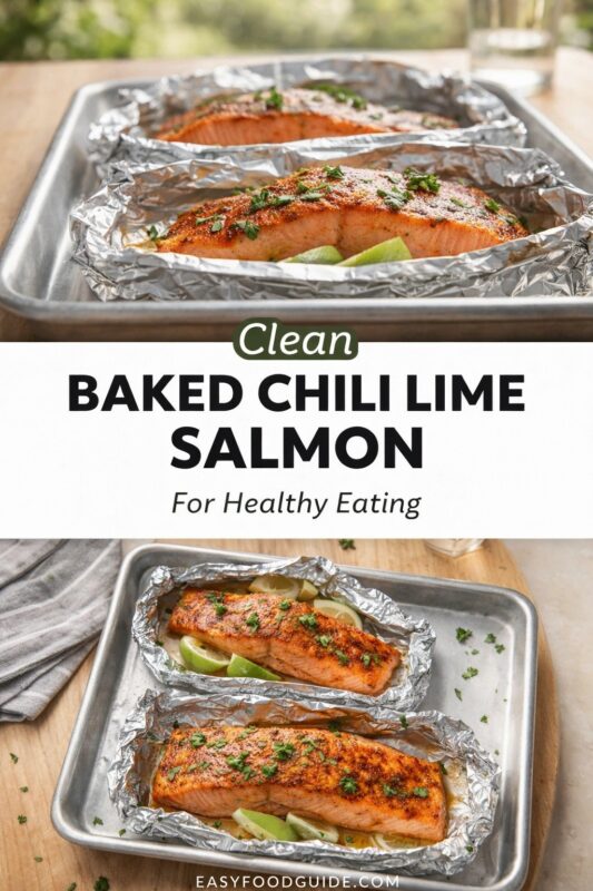 A vertical recipe graphic for Clean Baked Chili Lime Salmon. The top and bottom images show the healthy eating meal of salmon fillets in foil packets on a baking tray, garnished with lime and herbs. A banner reads "Clean BAKED CHILI LIME SALMON For Healthy Eating."