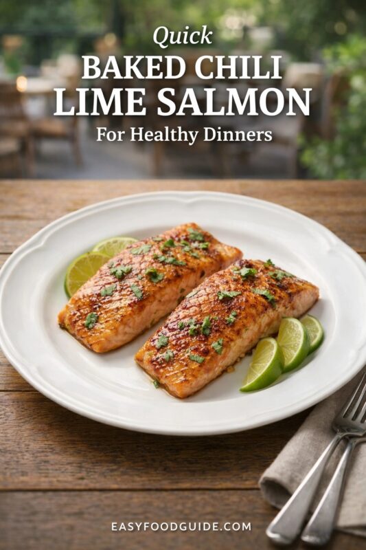 A quick baked chili lime salmon for healthy dinners, plated on a white dish. The two fillets are glazed and garnished with fresh cilantro and lime wedges, set against an outdoor background. Text reads "Quick BAKED CHILI LIME SALMON For Healthy Dinners," and the website "EASYFOODGUIDE.COM" is at the bottom.