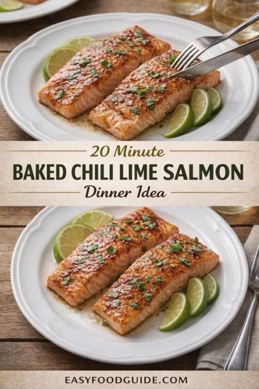 A vertical recipe graphic for a 20-Minute Baked Chili Lime Salmon. The top and bottom images show the dinner idea served on a white plate with lime wedges, while the top image includes a fork and knife cutting into the fish. A banner reads "20 Minute BAKED CHILI LIME SALMON Dinner Idea."