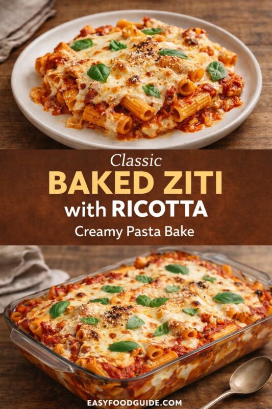 A vertical recipe graphic for Classic Baked Ziti with Ricotta. The top image shows a plated serving of the creamy pasta bake, while the bottom displays the full dish in a glass baking pan. A banner reads "Classic BAKED ZITI with RICOTTA Creamy Pasta Bake."