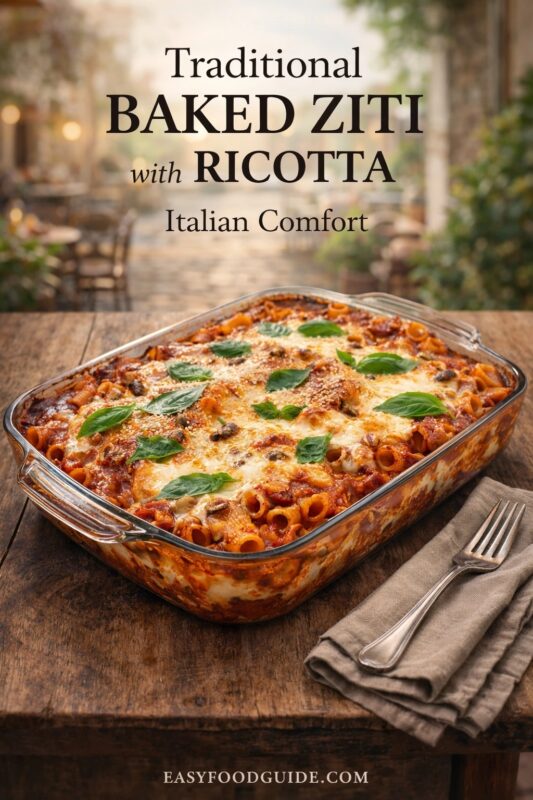 A glass baking dish of traditional baked ziti with ricotta, presented as Italian comfort food on a wooden table outdoors. The pasta is topped with melted cheese, basil, and breadcrumbs, accompanied by a fork and napkin. Text reads "Traditional BAKED ZITI with RICOTTA Italian Comfort," and the website "EASYFOODGUIDE.COM" is at the bottom.