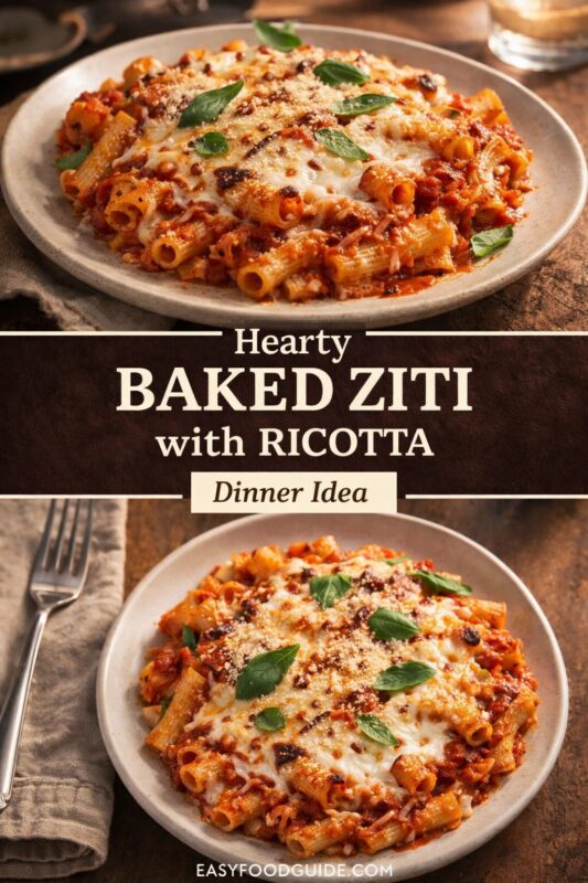 A vertical recipe graphic for a Hearty Baked Ziti with Ricotta. The top and bottom images show plated servings of the creamy pasta bake, topped with melted cheese and fresh basil. A banner reads "Hearty BAKED ZITI with RICOTTA Dinner Idea."