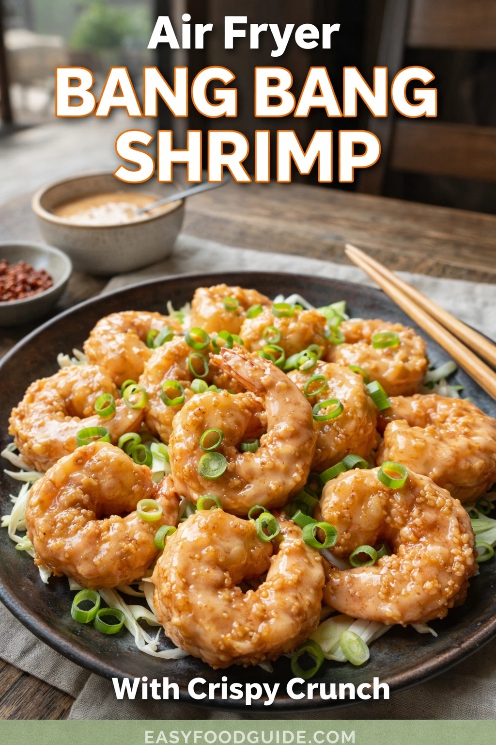 An air fryer Bang Bang Shrimp dish with crispy crunch, served on a dark plate. The glazed shrimp are garnished with green onions and sit atop a bed of shredded vegetables, accompanied by chopsticks. Text reads "Air Fryer BANG BANG SHRIMP With Crispy Crunch," and the website "EASYFOODGUIDE.COM" is at the bottom.