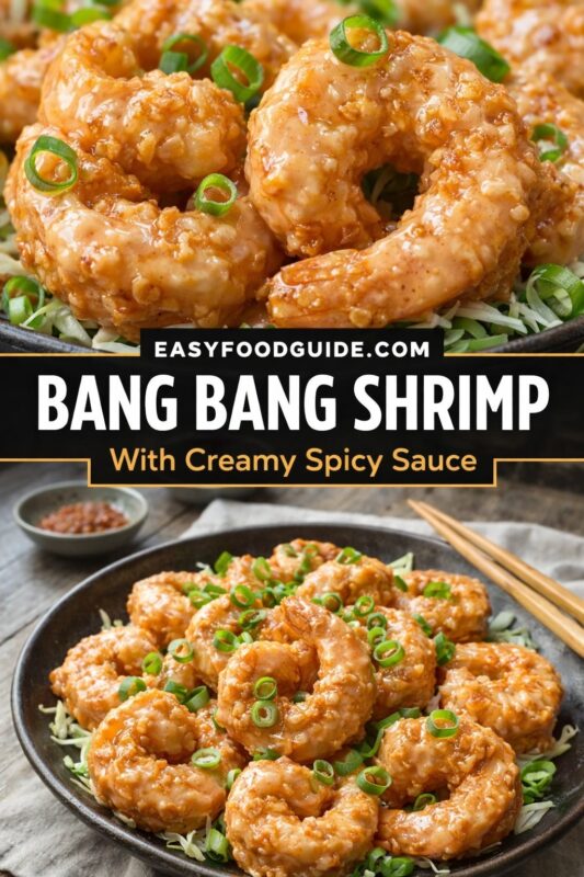 A vertical recipe graphic for Bang Bang Shrimp. The top image is a close-up of the creamy spicy sauce-coated shrimp, while the bottom shows the full dish served with chopsticks. A banner reads "BANG BANG SHRIMP With Creamy Spicy Sauce."