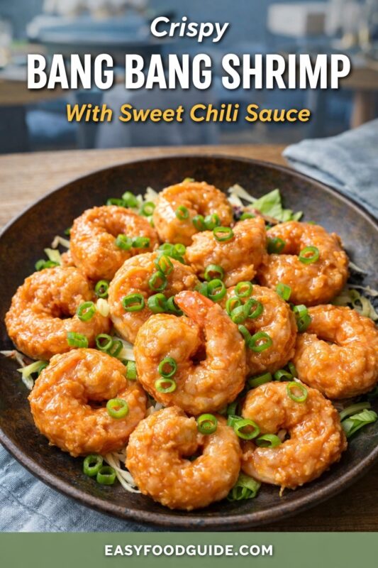 A crispy Bang Bang Shrimp dish with sweet chili sauce, presented in a dark bowl. The glazed shrimp are topped with fresh green onions and served over shredded vegetables on a wooden table. Text reads "Crispy BANG BANG SHRIMP With Sweet Chili Sauce," and the website "EASYFOODGUIDE.COM" is at the bottom.