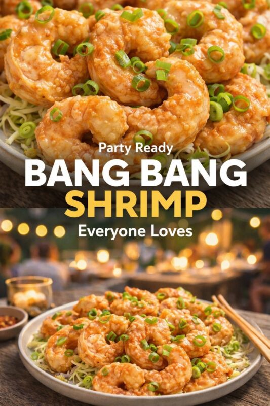 A vertical recipe graphic for a Party Ready Bang Bang Shrimp. The top image is a close-up of the popular shrimp dish, while the bottom shows it served at an outdoor gathering. A banner reads "Party Ready BANG BANG SHRIMP Everyone Loves."