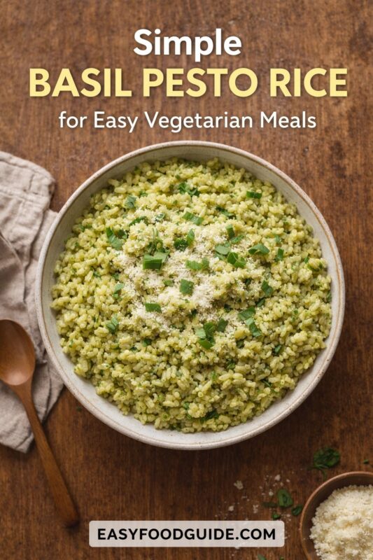 An overhead shot of simple basil pesto rice in a rustic ceramic bowl, perfect for easy vegetarian meals. The dish is topped with grated cheese and fresh herbs, set on a wooden surface next to a spoon. Text reads "Simple BASIL PESTO RICE for Easy Vegetarian Meals," with the website "EASYFOODGUIDE.COM" at the bottom.
