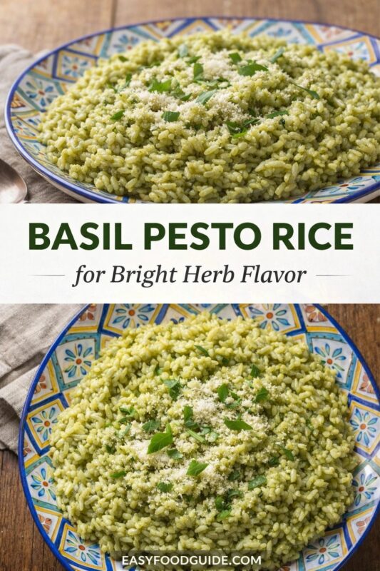 A vertical recipe graphic for Basil Pesto Rice. The top and bottom images show the vibrant green rice, garnished with cheese and fresh basil, served in a colorful patterned bowl. A banner reads "BASIL PESTO RICE for Bright Herb Flavor."