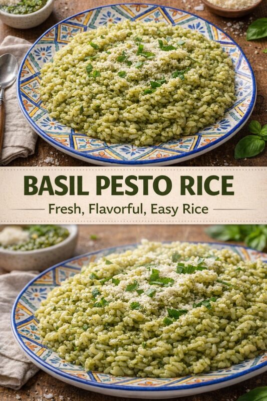 A vertical recipe graphic for Basil Pesto Rice. The top and bottom images feature the flavorful rice in a decorative bowl, garnished with cheese and fresh basil leaves. A banner reads "BASIL PESTO RICE Fresh, Flavorful, Easy Rice."