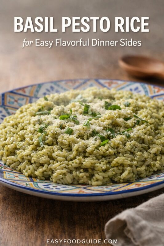 A steaming plate of basil pesto rice, an easy flavorful dinner side dish. The green rice is served in a patterned bowl and topped with grated cheese and fresh basil. Text reads "BASIL PESTO RICE for Easy Flavorful Dinner Sides," and the website "EASYFOODGUIDE.COM" is at the bottom.