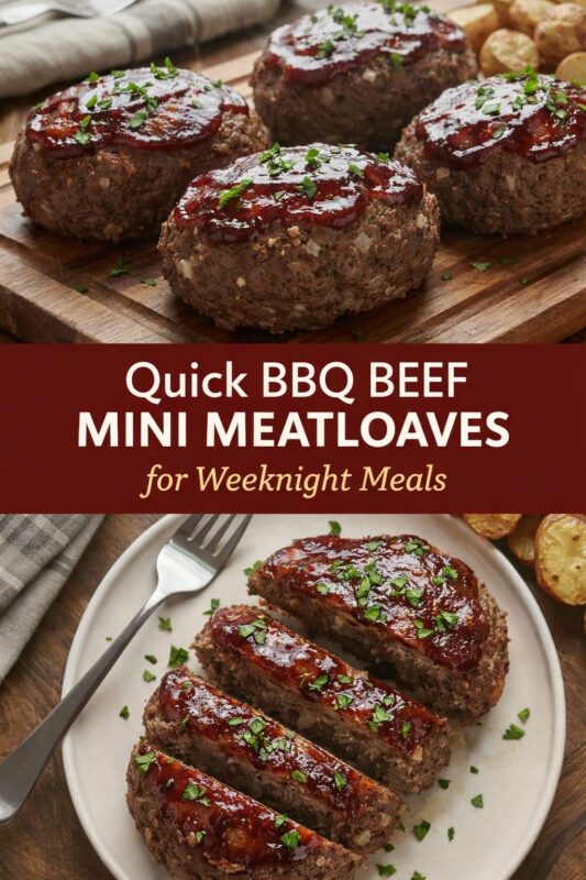 A vertical recipe graphic for Quick BBQ Beef Mini Meatloaves. The top image shows the weeknight meal loaves on a wooden board, while the bottom displays sliced servings on a plate with potatoes. A banner reads "Quick BBQ BEEF MINI MEATLOAVES for Weeknight Meals."