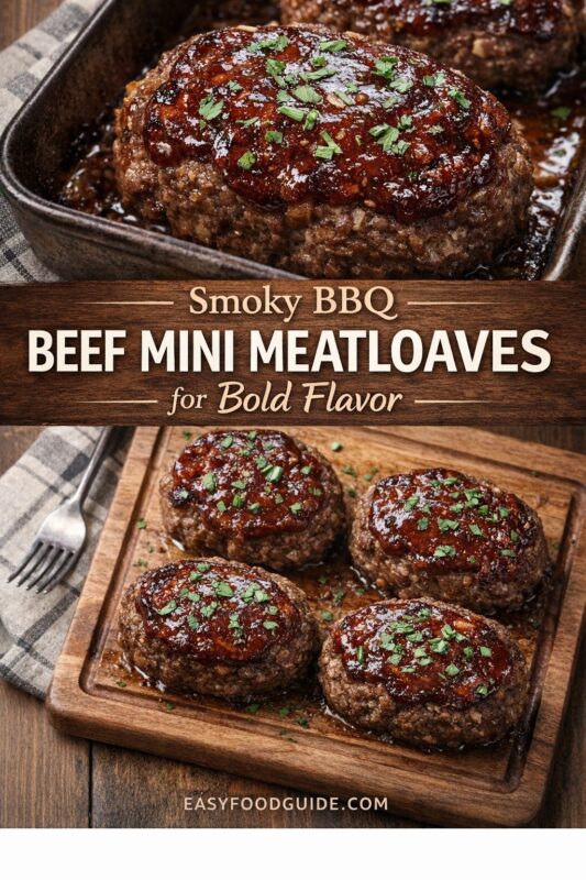 A vertical recipe graphic for Smoky BBQ Beef Mini Meatloaves. The top image shows a loaf in a baking dish, while the bottom displays four loaves on a wooden board, both topped with sauce and herbs for bold flavor. A banner reads "Smoky BBQ BEEF MINI MEATLOAVES for Bold Flavor."