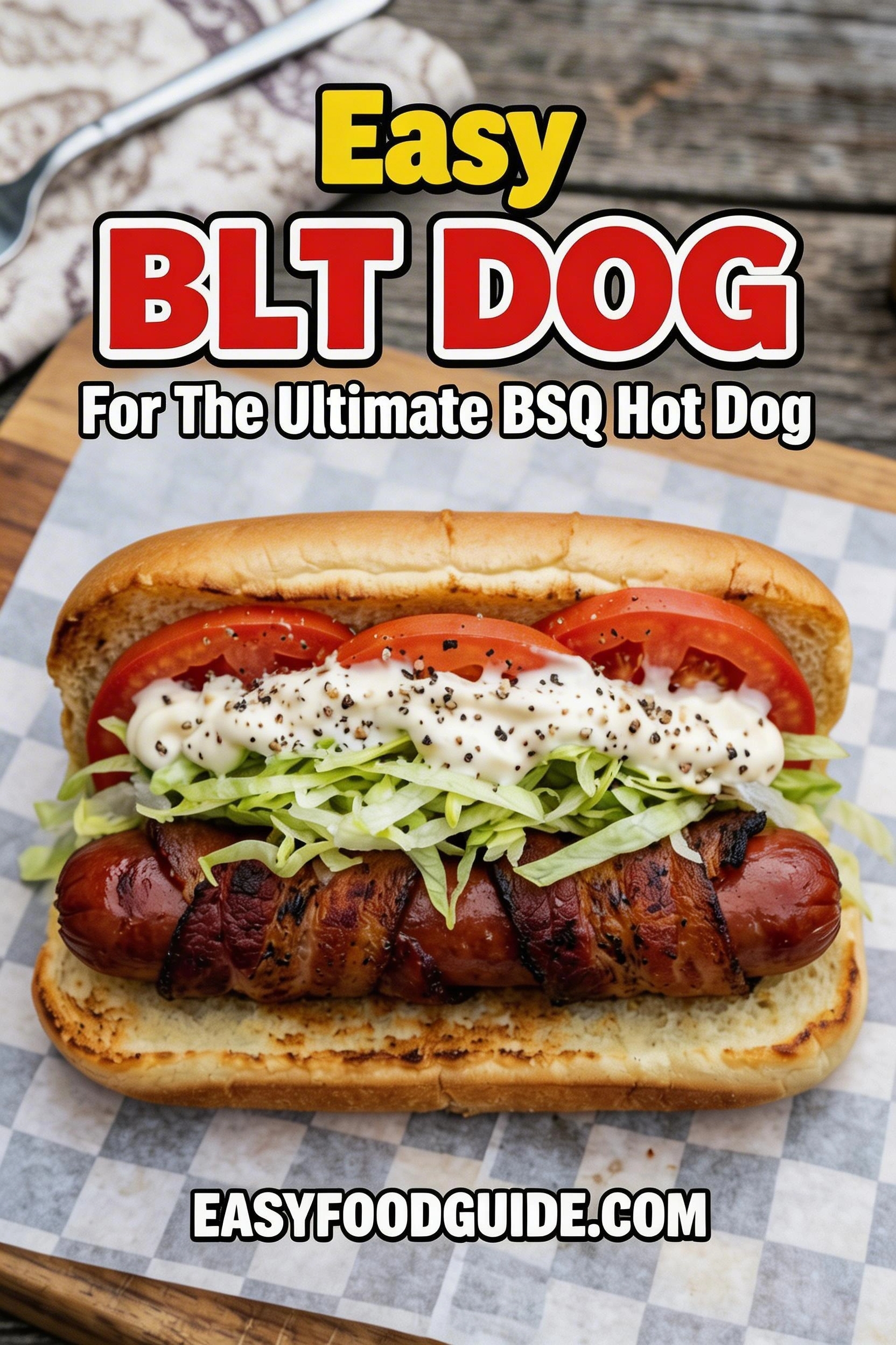 An easy BLT dog for the ultimate BBQ hot dog, served on a grilled bun. The savory sausage is wrapped in bacon and topped with lettuce, tomato, and a creamy sauce. Text reads "Easy BLT DOG For The Ultimate BSQ Hot Dog," and the website "EASYFOODGUIDE.COM" is at the bottom.