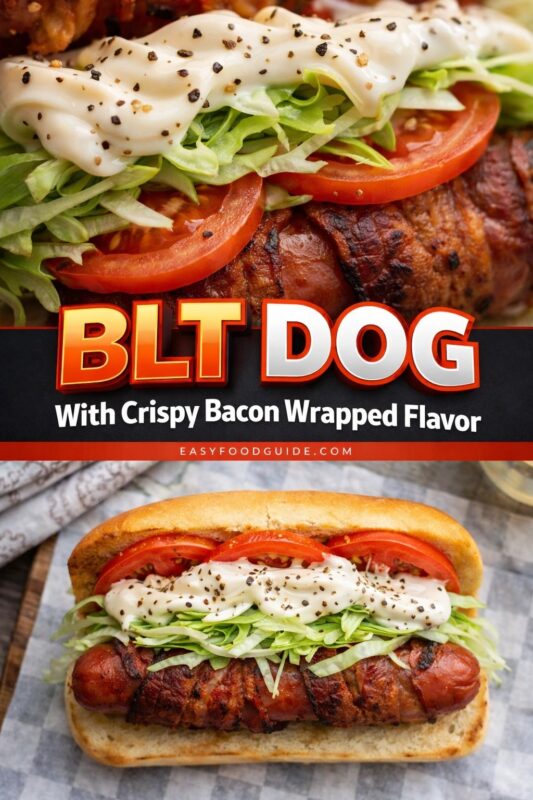 A vertical recipe graphic for a BLT Dog with crispy bacon-wrapped flavor. The top image is a close-up of the toppings, while the bottom shows the complete hot dog on checkered paper. A banner reads "BLT DOG With Crispy Bacon Wrapped Flavor."