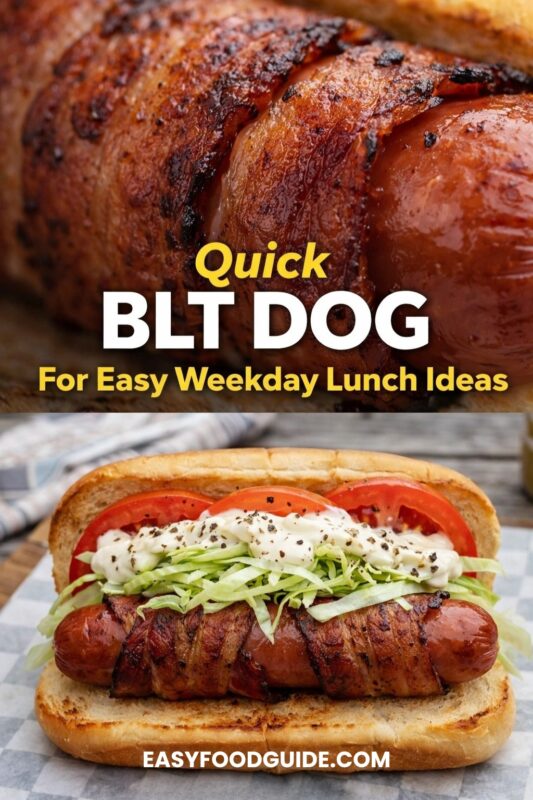 A quick BLT dog for easy weekday lunch ideas, featuring a bacon-wrapped hot dog in a bun. The savory snack is topped with shredded lettuce, tomato slices, and a creamy sauce. Text reads "Quick BLT DOG For Easy Weekday Lunch Ideas," and the website "EASYFOODGUIDE.COM" is at the bottom.