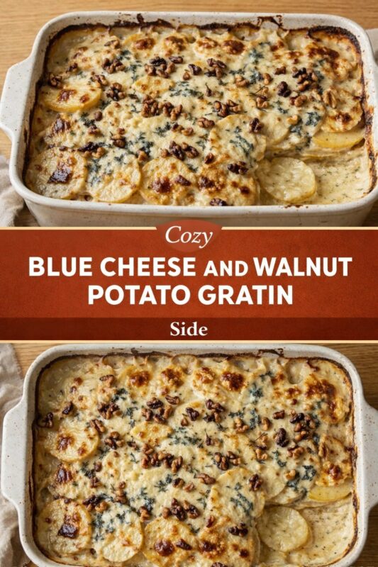A vertical recipe graphic for a Cozy Blue Cheese and Walnut Potato Gratin. The top and bottom images show the golden-brown side dish in a baking casserole, topped with walnuts and herbs. A banner reads "Cozy BLUE CHEESE AND WALNUT POTATO GRATIN Side."
